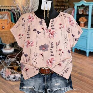 Plus Size Women's Floral Print Blouse Loose Fit V Neck