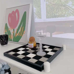 收纳装 饰品黑棋盘真盘实木马毛手工皮托方形高档格盘白灰样板间