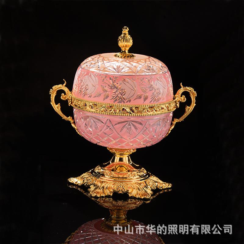 美式高档奢华样板房别墅水晶镶铜水果盘 欧式古典软装客厅摆件