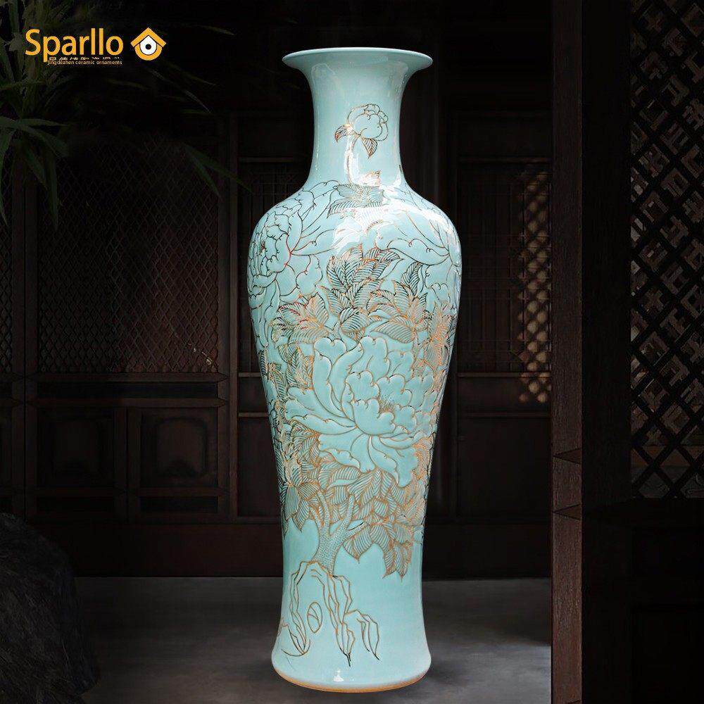 景德镇手绘金青瓷大花瓶饰品客厅落地式新中国风可及奢华高端精品