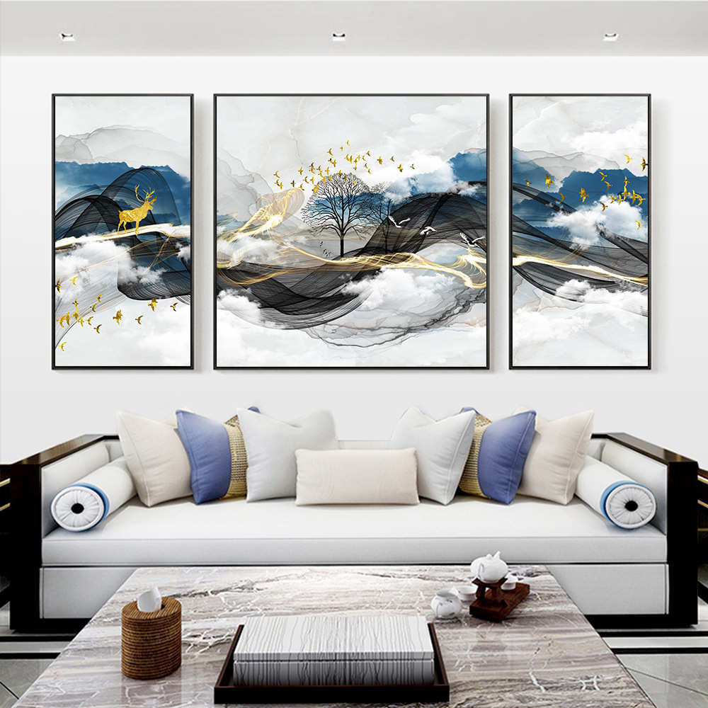 北欧风格装饰画现代简约墙画客厅壁画沙发背景墙麋鹿挂画三联画