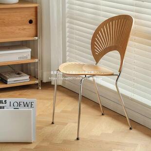 北欧家用餐椅实木贝壳椅中古椅子靠背现代简约复古胡桃木色餐桌椅