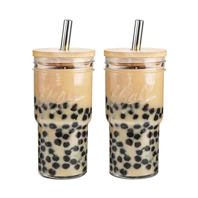 亚马逊车载吸管奶茶杯 带木盖玻璃杯冷饮饮料杯玻璃果汁分装瓶