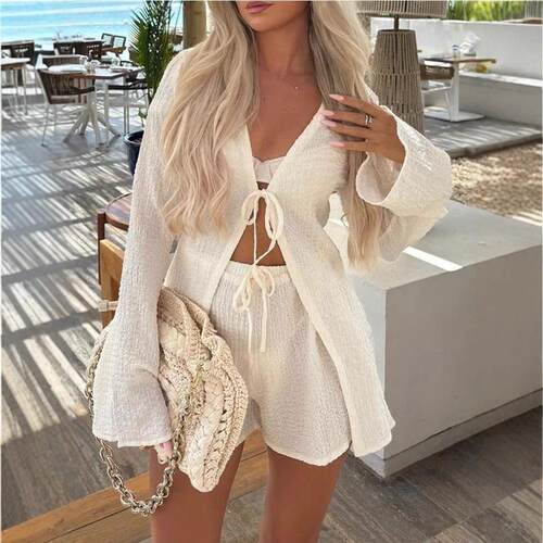 Women's style suit with tie up top, elastic waist, shorts,