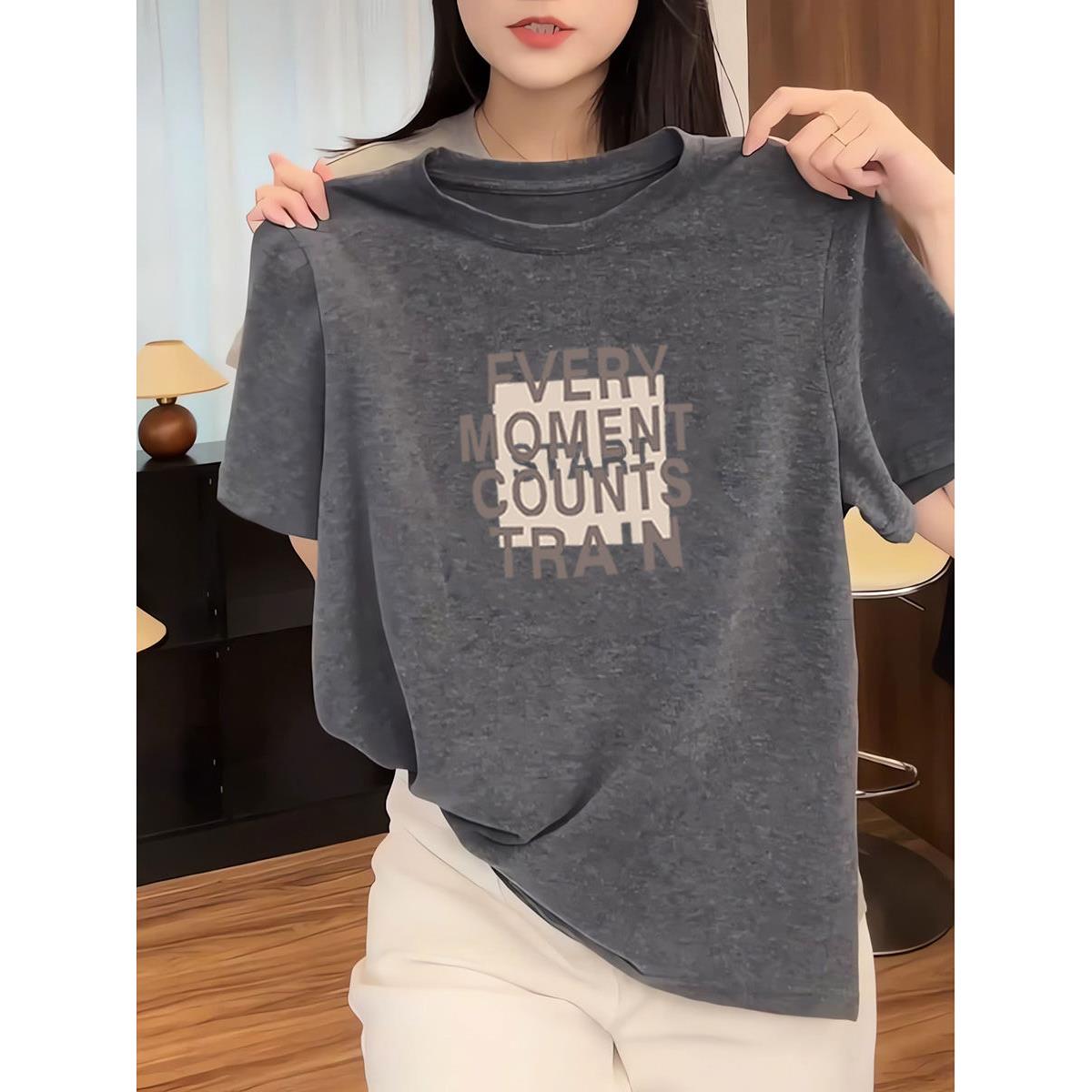 宽松正肩圆领短袖T恤女薄款2025夏季新款深灰色休闲百搭印花上衣
