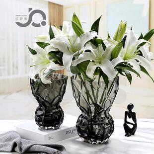 北欧时尚 饰摆饰百合玫瑰 艺术玻璃花瓶宽口桌面山谷造型水培鲜花装