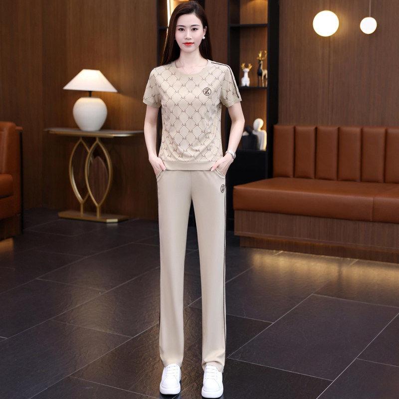 时尚休闲套装女夏天季新款2026减龄妈妈两件套冰丝圆领短袖运动服