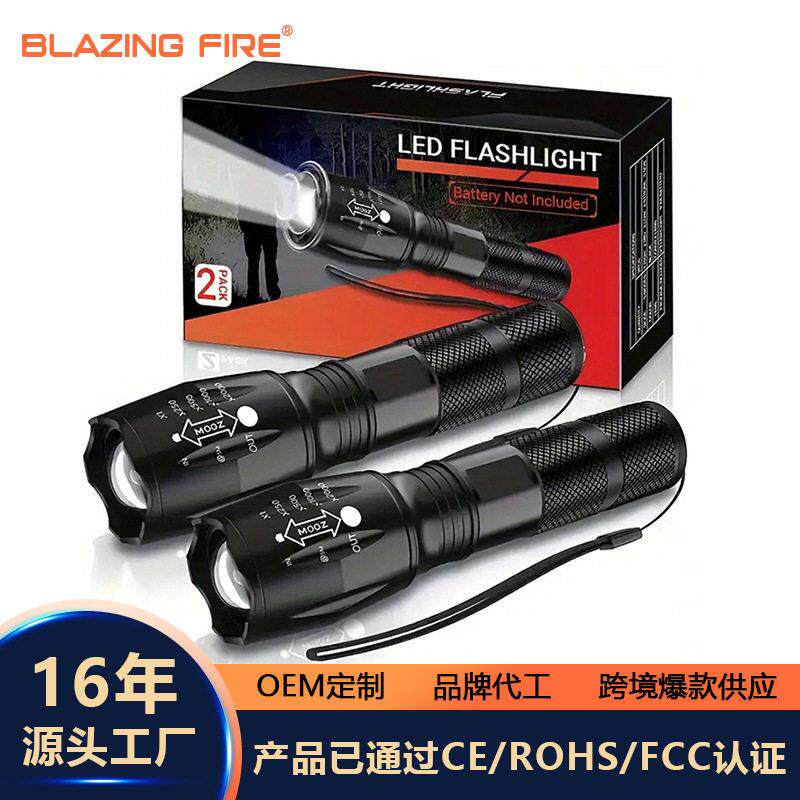Temu跨境伸缩变焦强光铝合金手电防水户外夜跑骑行巡逻手电筒