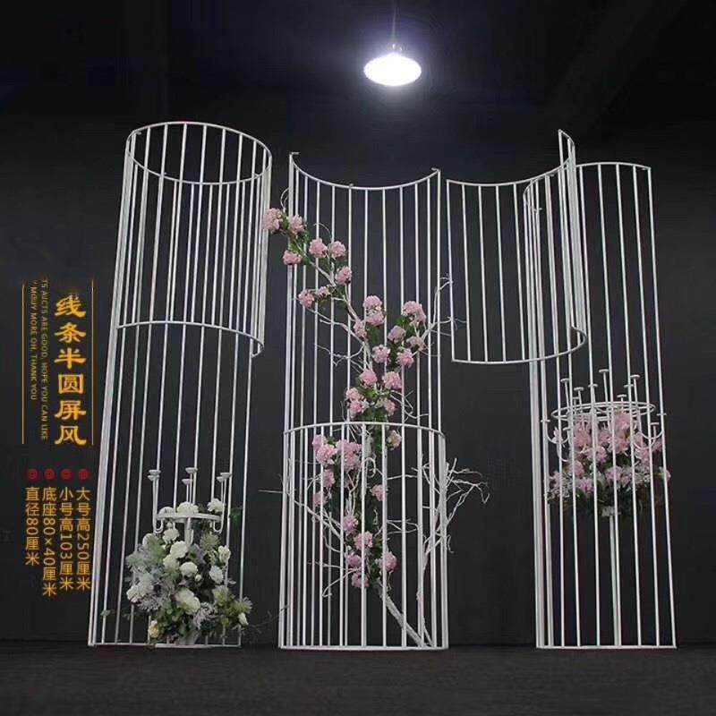新款外贸婚庆道具线条弧形半圆铁艺屏风婚礼花架舞台背景装饰摆件