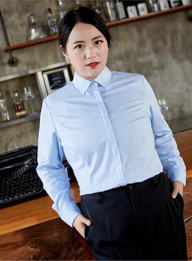 高档加肥大码工作衬服短白衬衫女长袖职业正装宽松2斤00胖mm蓝色