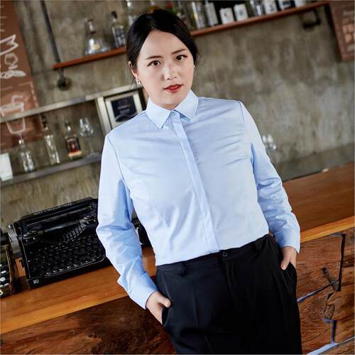 高档加肥大码工作衬服短白衬衫女长袖职业正装宽松2斤00胖mm蓝色