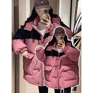 香港撞色连帽羽绒棉服女时尚显瘦外穿大码女装加厚保暖玫红色外套