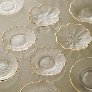 玻璃杯托底座防烫隔热荷叶杯托金边玻璃茶杯茶托玻璃茶碟茶点杯碟