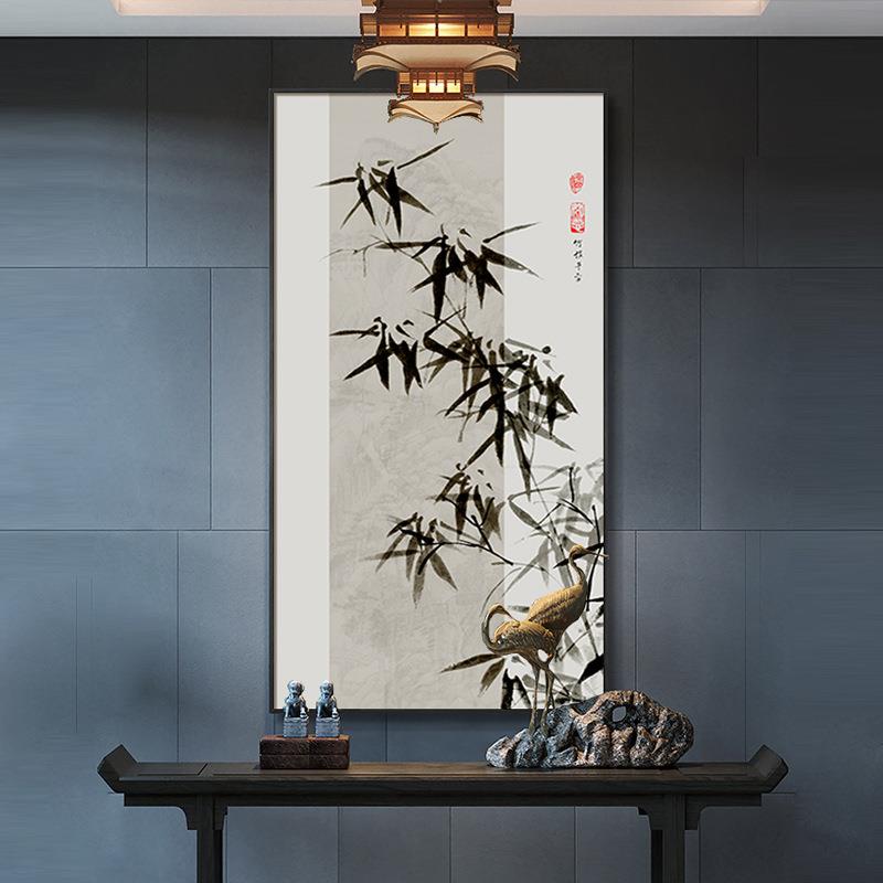 新中式竹报平安吉祥玄关装饰画迎客松客厅走廊过道竖挂画寓意壁画