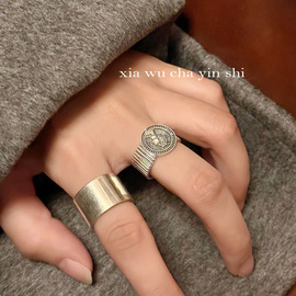 韩国东大门银饰品925纯银，复古女王硬币开口戒指环，轻奢小众食指戒