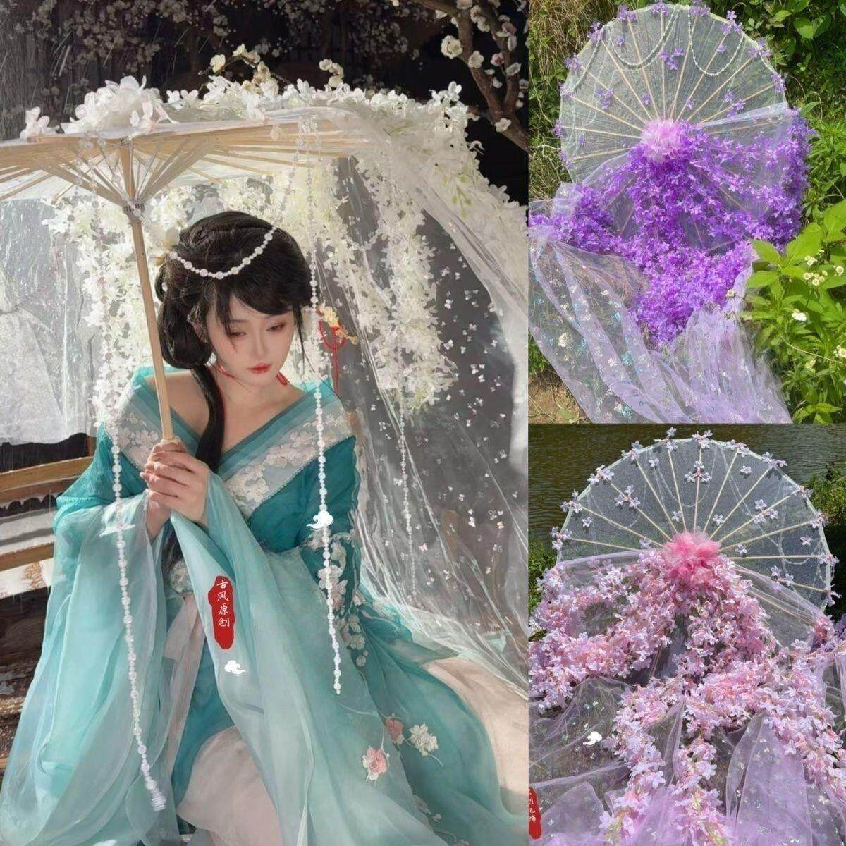 古风汉服手持粘花纱伞写真仙气景拍照跳舞走秀lolita配饰花朵超仙
