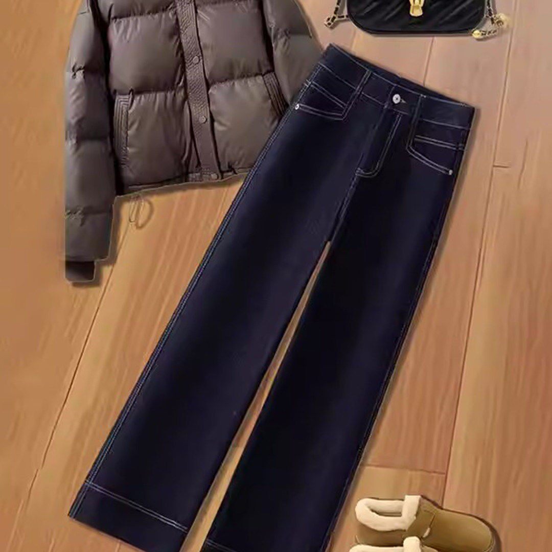 丹宁蓝直筒牛仔裤女2026春秋冬新款高腰宽松窄版阔腿八九分长裤子