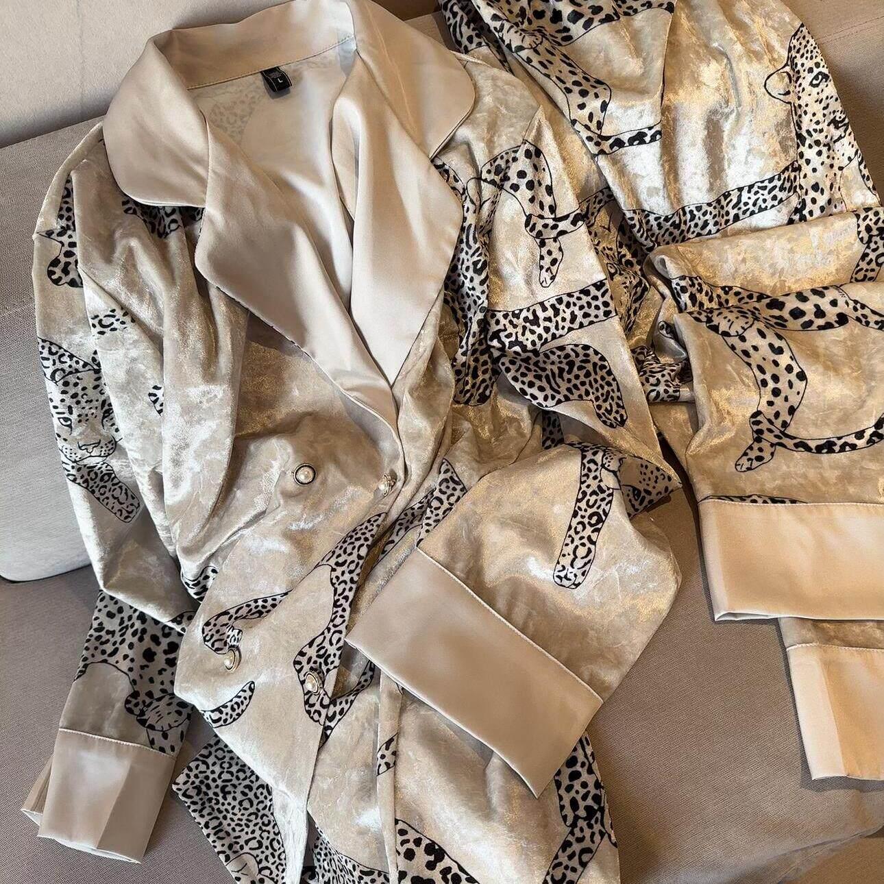 法式复古花豹金丝绒睡衣秋冬款女士加绒加厚轻奢高级感家居服套装