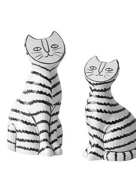 北欧简约客厅摆件创意黑白色条纹抽象树脂猫样板房售楼部软装饰品