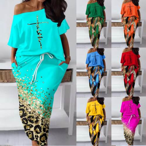 Women's plus size diagonal collar top and drawstring skirt