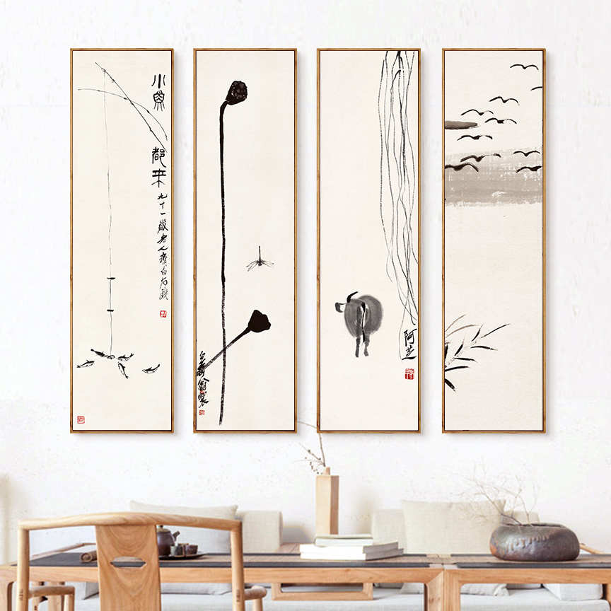 齐白石水墨荷花小鱼禅意画新中式竖版国画装饰画茶室背景墙挂画