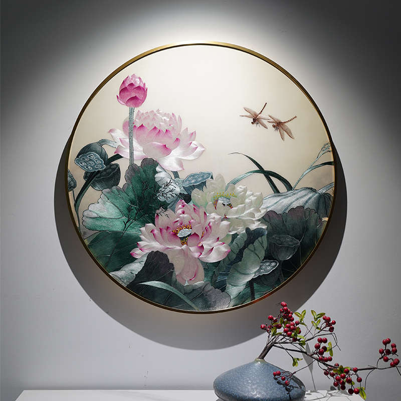 手工苏绣香远益清圆形挂画书房玄关客厅乔迁送礼新中式刺绣装饰画图片