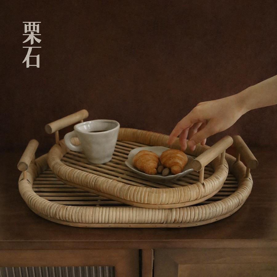 栗石复古镂空藤编托盘茶盘摆件中古风样板间民宿餐厅茶几早餐托盘