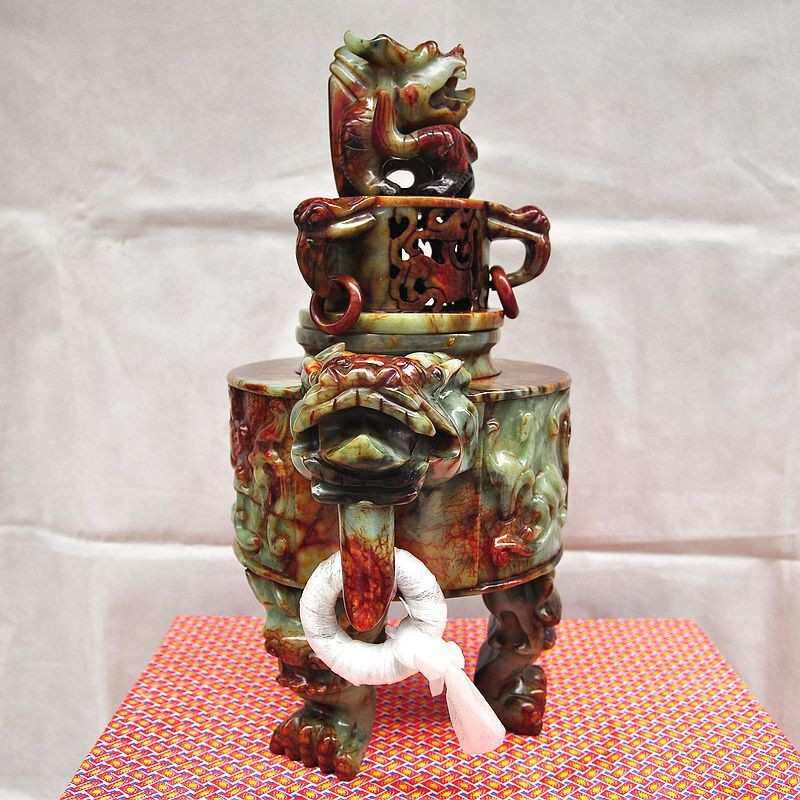 钰程本命年玉器 直径20CM岫玉九龙鼎香炉摆件大号公司财位摆件