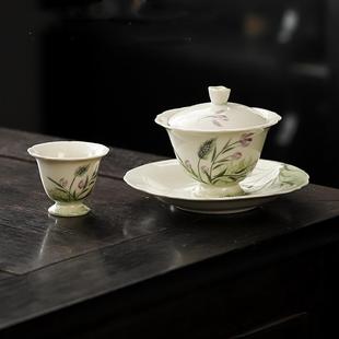草木灰手绘二才盖碗泡茶杯单个三才盖碗家用高足纯手工茶杯敬茶碗