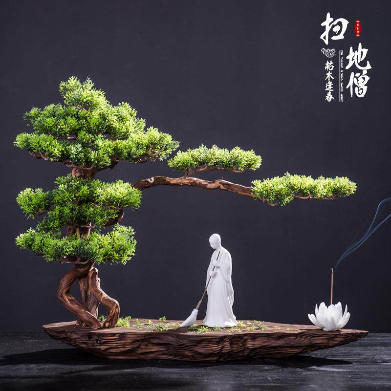 创意枯木新中式仿真迎客松摆件盆景工艺品电视柜家居饰品酒店用品