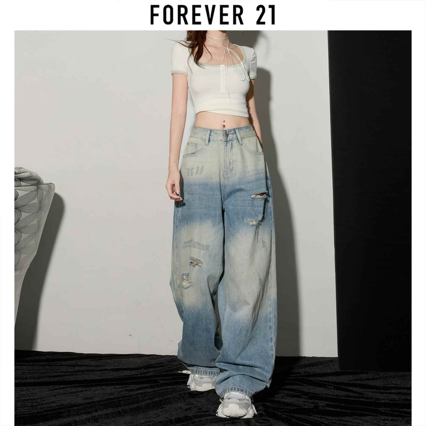 Forever 21高腰撞色阔腿牛仔裤女秋季新款美式破洞街头直筒拖地裤