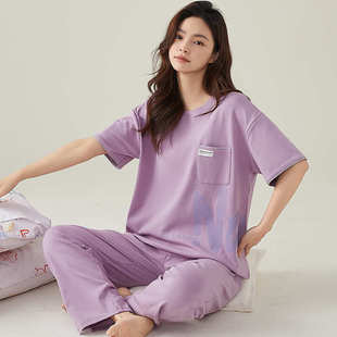 纯色休闲可外穿女士家居服薄款 纯棉睡衣女夏季 套装 圆领短袖 长裤
