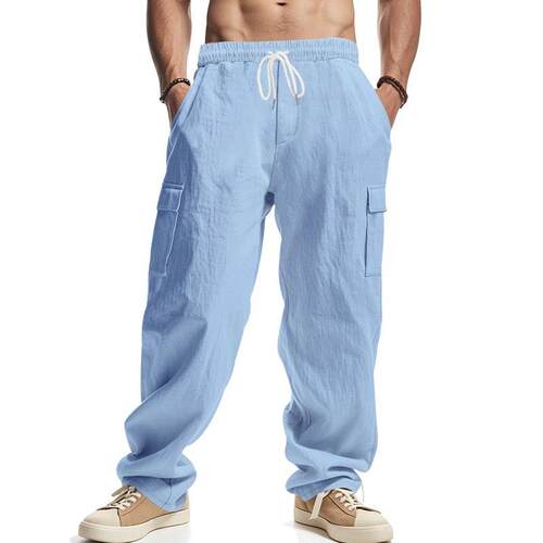 Men Color Linen Cargo Pants Casual Slant Pocket Regular