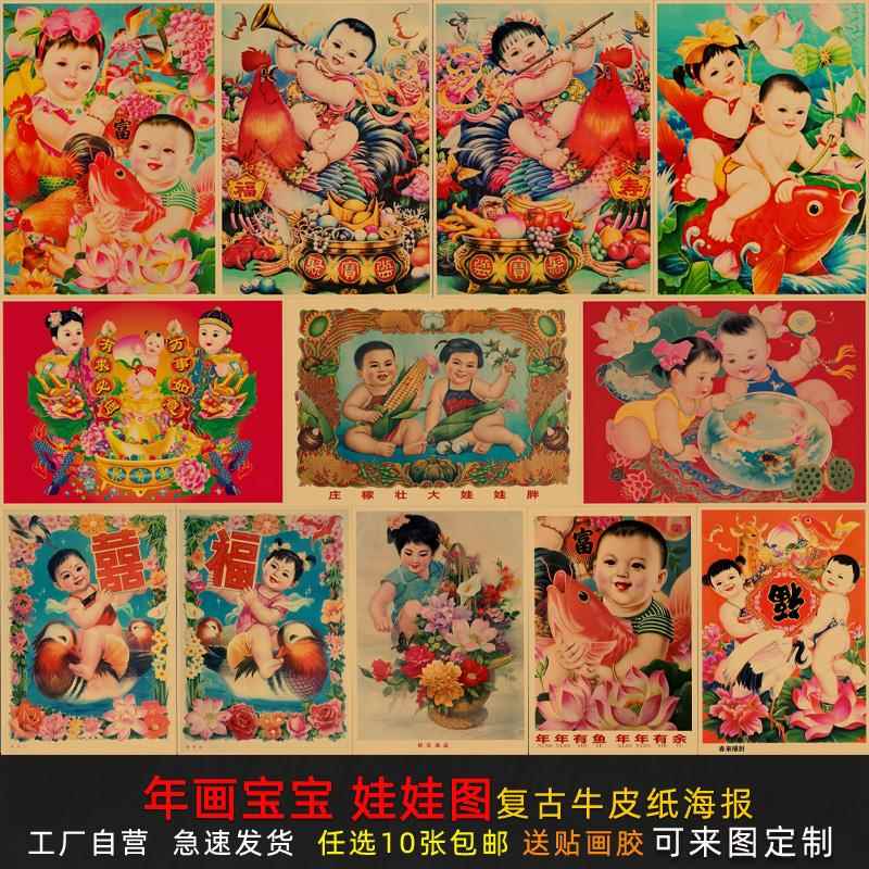 年画宝宝吉祥如意娃娃送子图贴墙画客厅卧室宿舍复古牛皮纸装饰画图片