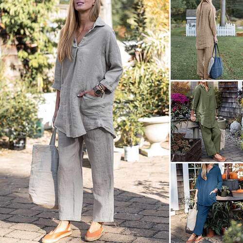 Set of lapel long sleeved shirt and wide leg pants