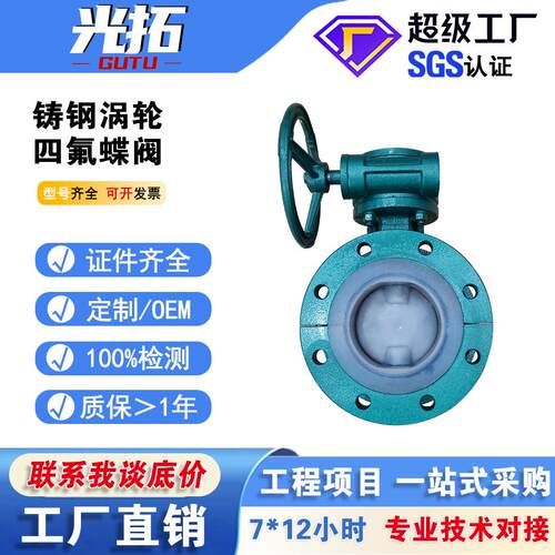 铸钢涡轮四氟蝶阀D341F46-16C全衬四氟法兰蝶阀化工耐强酸碱蝶阀
