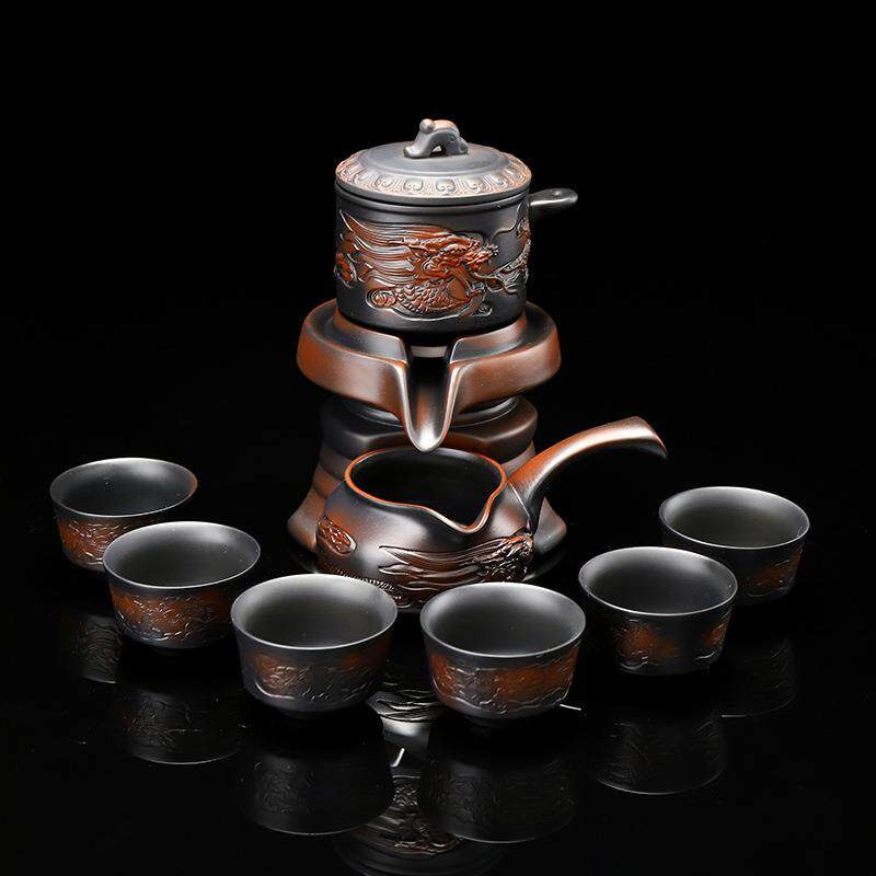 紫陶石磨茶具套装家用懒人泡茶紫砂功夫复古自动茶壶旋新品