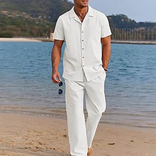 Men 2 Beach Outfit Sleeve Button Up Shirt Below Ankle