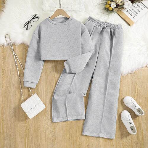 Two Set Girl Sleeve Tee Flare Leg Pants Casual Round Neck