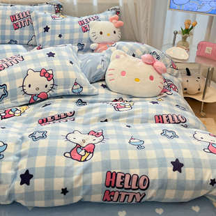 hellokitty加厚牛奶绒四件套kt猫法兰绒被套珊瑚绒床单三件套 冬季