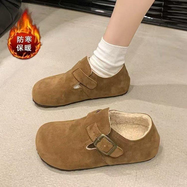 复古加绒全包勃肯鞋女2025秋冬新款懒人一脚蹬软底孕妇保暖豆豆鞋