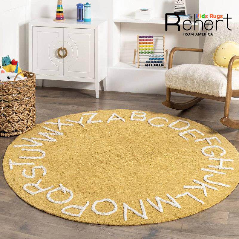 可机洗儿童房间圆形地毯字母阅读区学习书桌下男孩女孩卧室床边垫