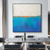 纯手绘肌理抽象油画正方形极简轻奢蓝白色装 饰画客厅餐厅玄关挂画