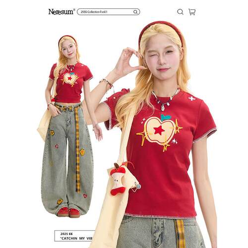 NERESUM苹果刺绣短袖T恤女美式覆古甜辣修身显瘦正肩百搭红色上衣