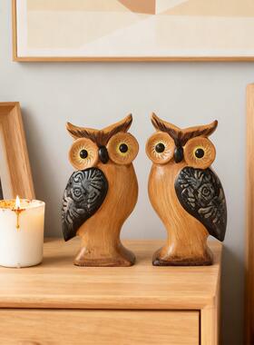 手工彩绘现代简约木制工艺猫头鹰摆件创意动物家居客厅餐厅装饰品