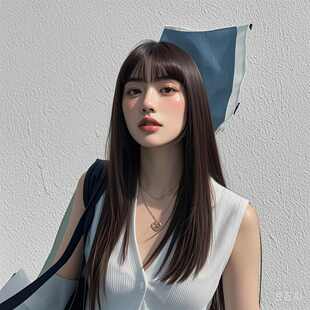 刘海整头套脸日常瘦瘦直发空气遮脸顶女士长直显假发圆脸黑齐刘海