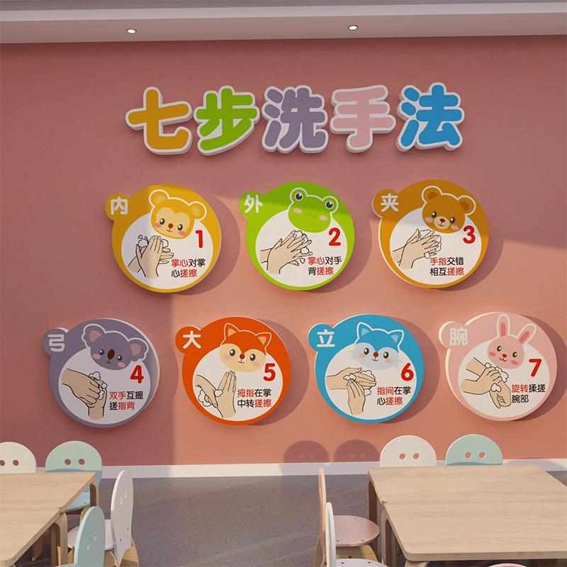幼儿园简约现代儿童七步洗手法步骤图墙贴环创卡通厕所主题立体画