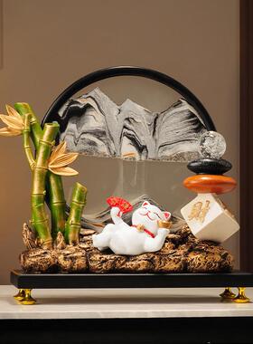 新中式财竹子熊猫摆件节客节升流沙高画厅玄关招家流沙画摆居办公