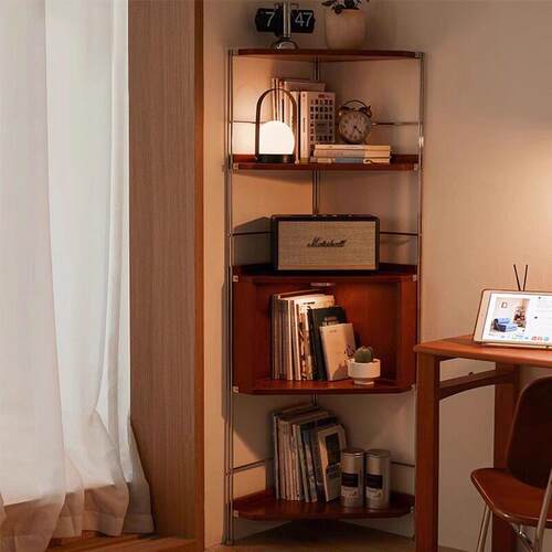 实木转角置物架不锈钢三角展示柜客厅多功能墙角卧室中古收纳书架