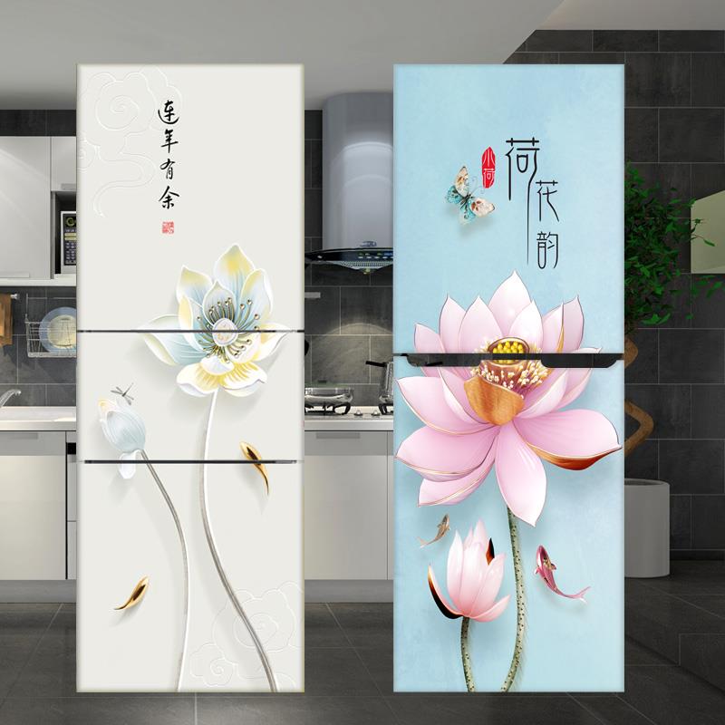 新品现代荷花简约新中式冰箱贴纸装饰遮挡贴画防水可裁剪自粘贴膜图片